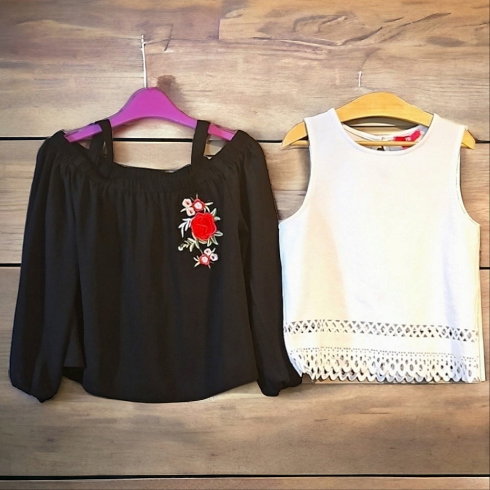 VGC Summer tops 8-9 yrs Girls Bundle, black off the shoulder top, white t-shirt - Picture 7 of 12